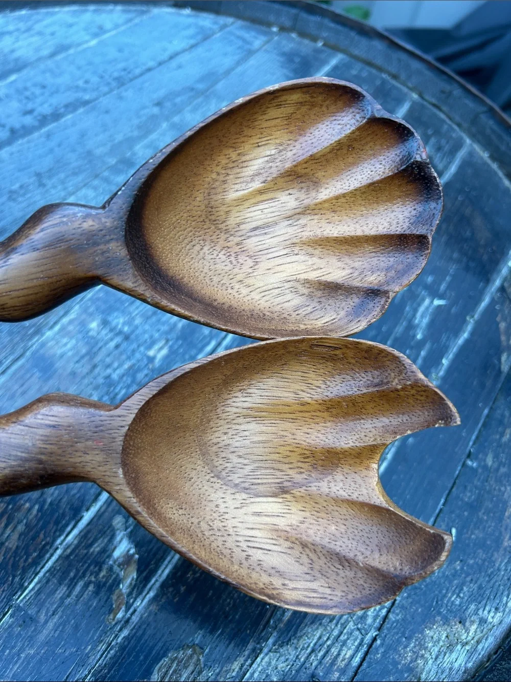 Vintage hand-carved wooden salad server Fork & Spoon set